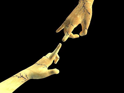 Art Installation Featuring Two Hands With Fingers Almost Touching On Black Background 3d model