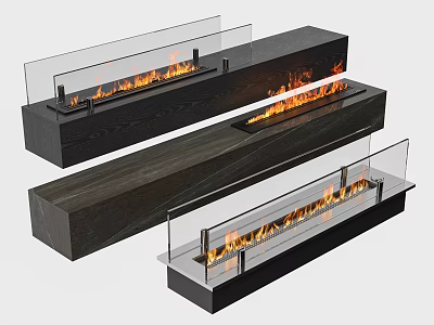 Modern Long Fireplace Design With Black Frame Glass Guards And Burning Flames 3d model
