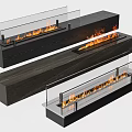 Modern Long Fireplace Design With Black Frame Glass Guards And Burning Flames