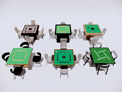 Colorful Recreation Game Tables With Green Brown Surfaces And Surrounding Chairs 3d model