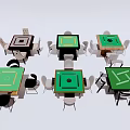 Colorful Recreation Game Tables With Green Brown Surfaces And Surrounding Chairs