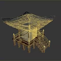 Elegant Traditional Pavilion With Blue Roof Wooden Structure And Stairs Railings