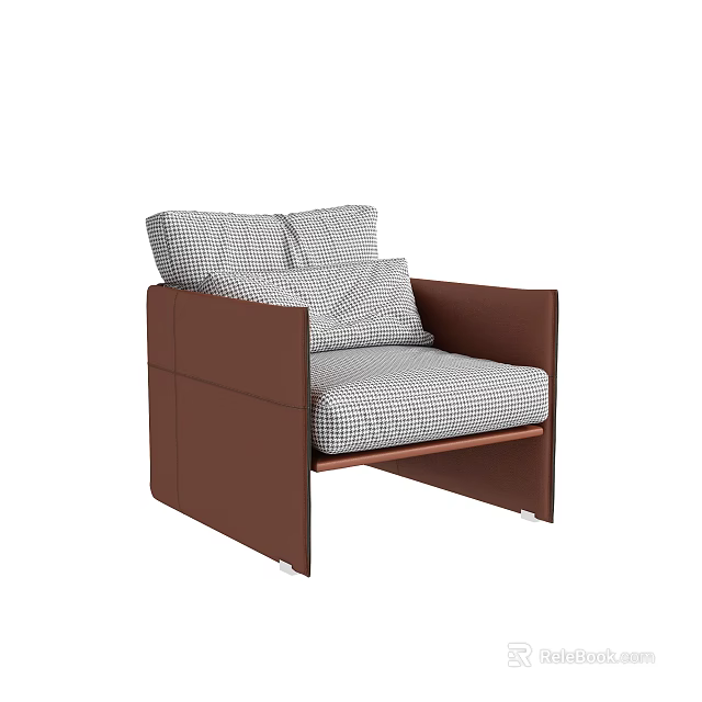 Modern Single Sofa With Brown Leather Frame And Checkered Pattern Cushions Design 3d model