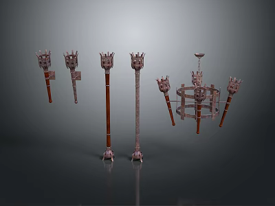 Ornate Metal Candelabras And Chandelier With Crown Top Design 3d model