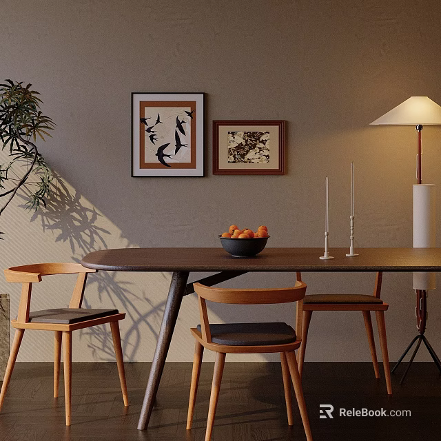 Cozy Dining Table Set With Wooden Chairs Framed Art Plant Fruit Bowl And Candles 3d model 
