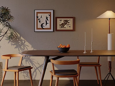 Cozy Dining Table Set With Wooden Chairs Framed Art Plant Fruit Bowl And Candles 3d model