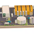 Cartoon Factory Scene With Yellow Roofed Building Storage Tanks Trucks Roads And Greenery