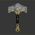 Ornate War Hammer With Metallic Head Golden Accents And Brown Leather Handle