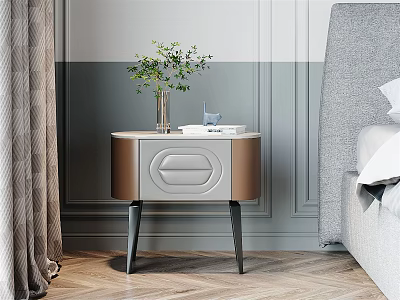 Modern Copper and White Bedside Table with Vase Books by Grey Wall Wooden Floor 3d model
