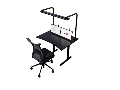 Black Office Desk With Dual Monitors Desk Lamp And Office Chair 3d model