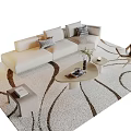 Beige Sofa and Coffee Table Set with Throw Pillows on Patterned Rug and Floor Lamp 3d model