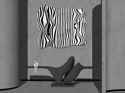 Modern Console Table Design With Abstract Sculpture And Striped Wall Art 3d model