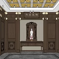 Buddhist Shrine Interior With Wooden Carved Walls Buddha Statue And Golden Ceiling Decor