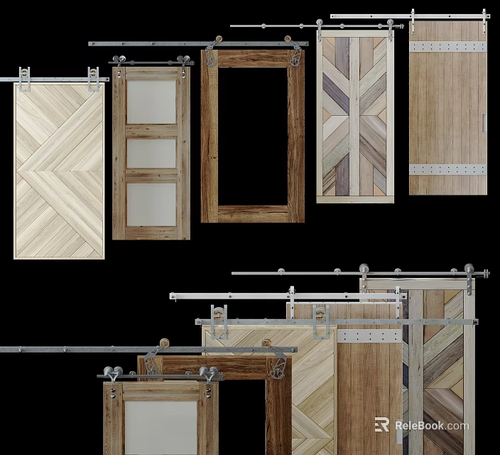 Wooden Barn Doors With Various Panel Designs And Sliding Hardware Components 3d model 