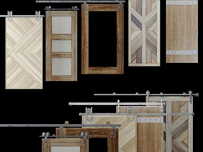 Wooden Barn Doors With Various Panel Designs And Sliding Hardware Components 3d model