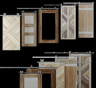 Wooden Barn Doors With Various Panel Designs And Sliding Hardware Components 3d model