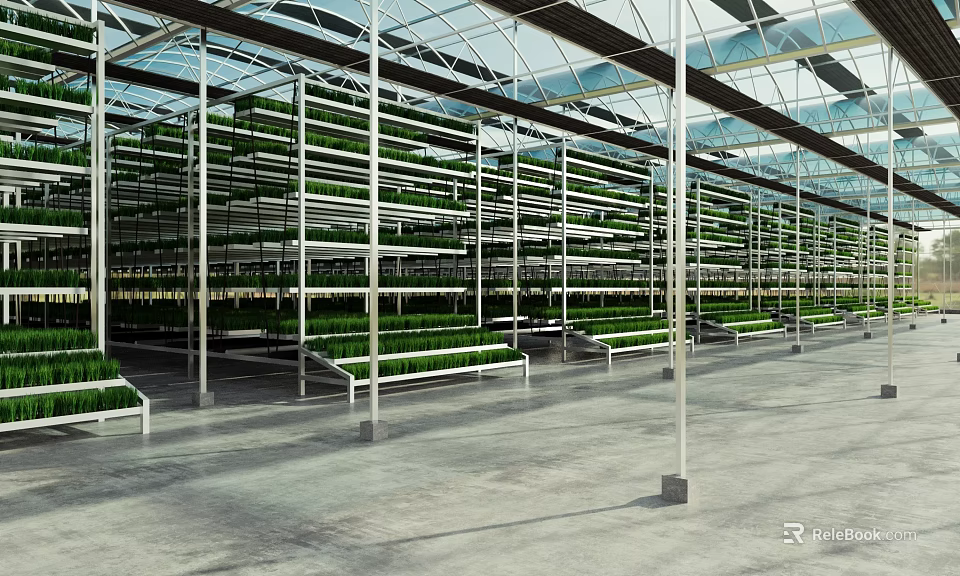 Spacious Indoor Farm With Multi Layer Metal Racks Growing Green Plants Under Glass Ceiling 3d model 