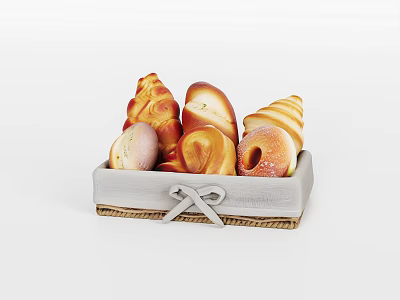 Fresh Assorted Bread in Wicker Basket with Bow Detail and Different Shapes 3d model
