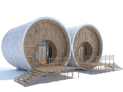 Cylindrical Concrete Buildings With Bamboo Frames Glass Doors And Wooden Stairs 3d model