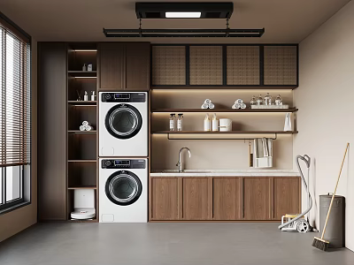 Modern Laundry Room With Stacked Washer Dryer Wooden Cabinets Rattan Doors And Cleaning Tools 3d model