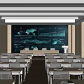 Modern Conference Room With Large Screen World Map Charts Lectern And Neatly Arranged Desks