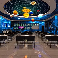 School Astronomy Classroom Featuring Starry Ceiling Planet Decorations Blue Walls And Tables With Chairs