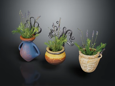 Lavender And Herb Plants In Decorative Planters With Various Styles For Home Decor 3d model
