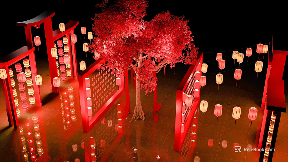 Red Tree Decorated With Red Lanterns And Red Screens On Reflective Floor 3d model 