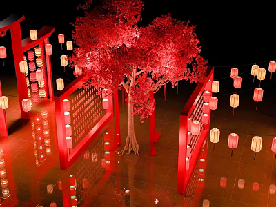 Red Tree Decorated With Red Lanterns And Red Screens On Reflective Floor 3d model