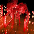Red Tree Decorated With Red Lanterns And Red Screens On Reflective Floor