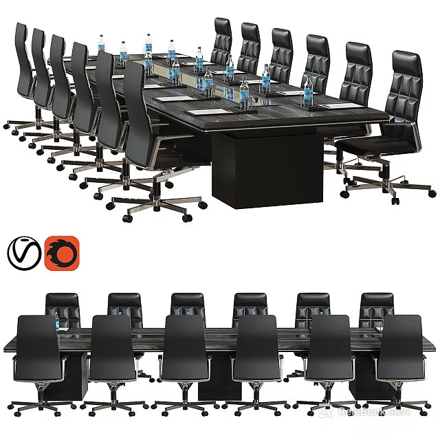 Black Conference Table And Wheeled Office Chairs Set With Water Bottles 3d model 