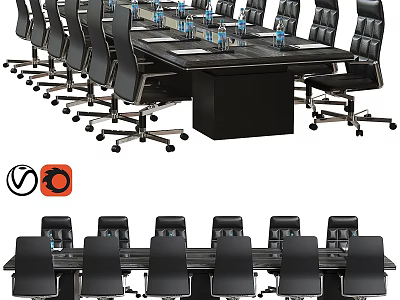 Black Conference Table And Wheeled Office Chairs Set With Water Bottles 3d model