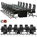 Black Conference Table And Wheeled Office Chairs Set With Water Bottles
