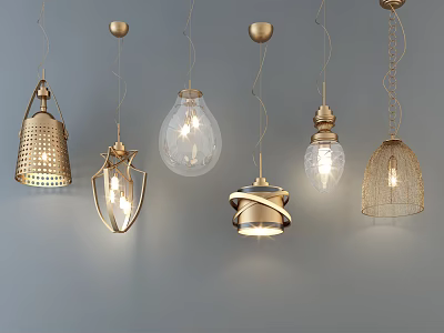 Various Stylish Pendant Lights With Gold Accents Glass Shades And Metal Frames 3d model