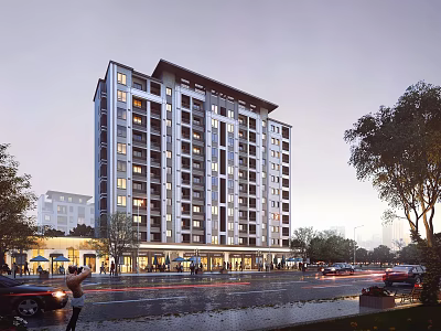 Modern Mid Rise Residential Building With Ground Floor Shops Street Traffic And Trees 3d model