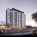 Modern Mid Rise Residential Building With Ground Floor Shops Street Traffic And Trees