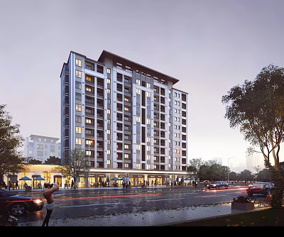 Modern Mid Rise Residential Building With Ground Floor Shops Street Traffic And Trees 3d model