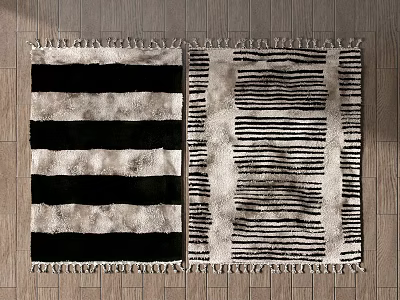 Stylish Square Area Rugs with Striped Patterns in Black and White on Wooden Floor 3d model