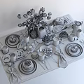 Elegant Tableware Collection With Tulips Jam Jar Juice Glasses Fresh Fruits Desserts And Linen Napkins