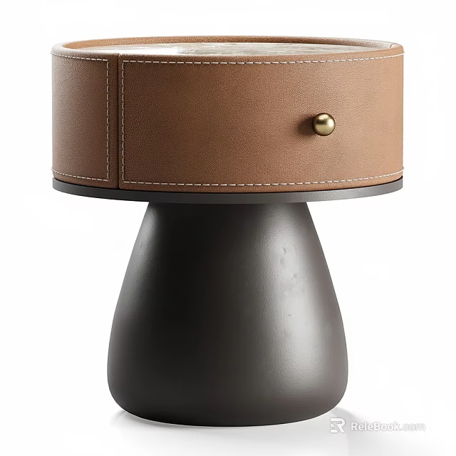 Modern Leather Bedside Table With Stitching Detail Gold Knob And Dark Brown Conical Base 3d model 
