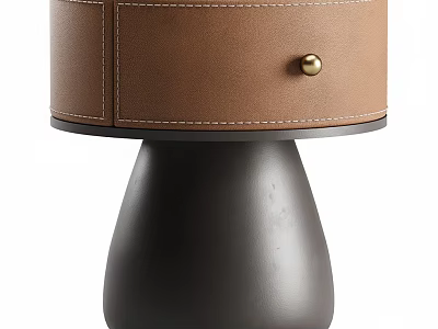 Modern Leather Bedside Table With Stitching Detail Gold Knob And Dark Brown Conical Base 3d model