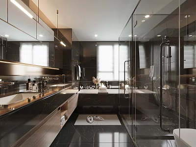 Modern Bathroom Interior With Double Vanity Glass Shower Large Mirrors And Marble 3d model