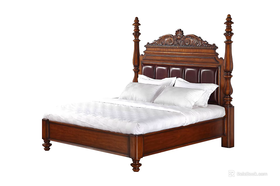 Classic Wooden Four Poster Double Bed With Carved Headboard And Leather Panel 3d model 