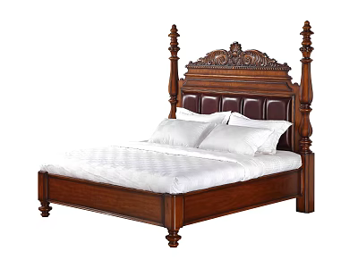 Classic Wooden Four Poster Double Bed With Carved Headboard And Leather Panel 3d model