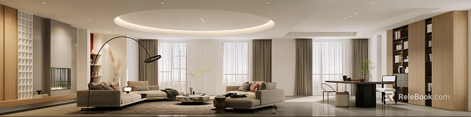Modern Living Room Interior Design With Beige Sofa Curtains Large Windows And Ceiling Lighting 3d model 