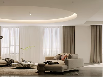 Modern Living Room Interior Design With Beige Sofa Curtains Large Windows And Ceiling Lighting 3d model