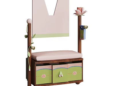 Shoe Bench with Pink Cushion Floral Pattern Drawers Mirror and Shelf Flower Pen Holder 3d model
