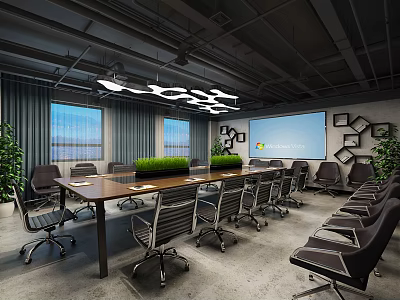 Modern Conference Room With Long Table Office Chairs Geometric Lights Green Plants And Projection Screen 3d model