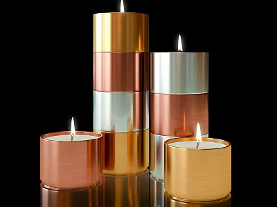 Lit Metallic Colored Candle Lamps In Gold Copper Silver With Multiple Stacked Sizes 3d model