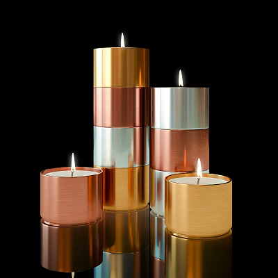Lit Metallic Colored Candle Lamps In Gold Copper Silver With Multiple Stacked Sizes 3d model